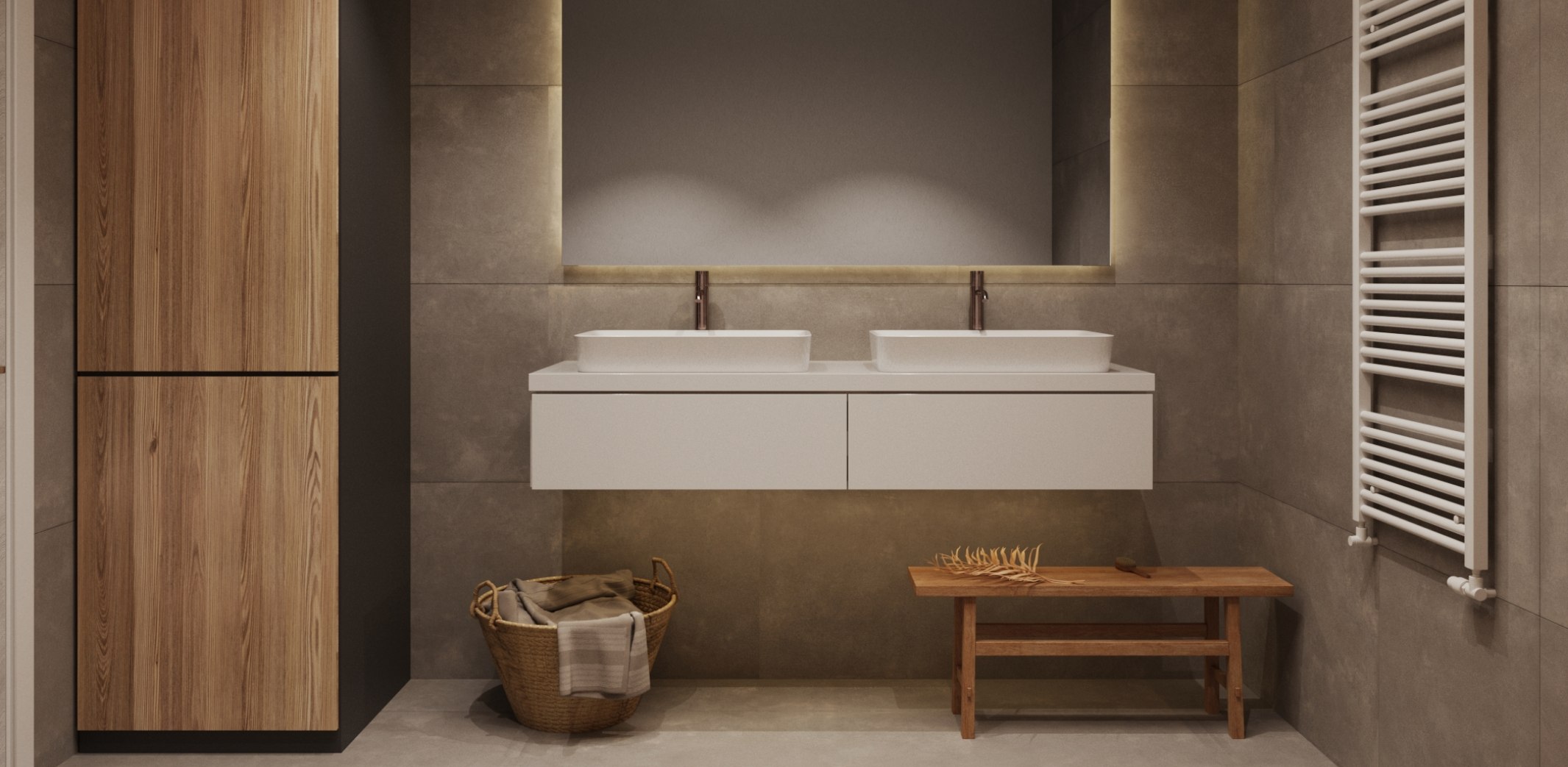 Ausstattungsvariante Badezimmer - Boden-& Wandfliesen in Grau, Armaturen in Rosegold