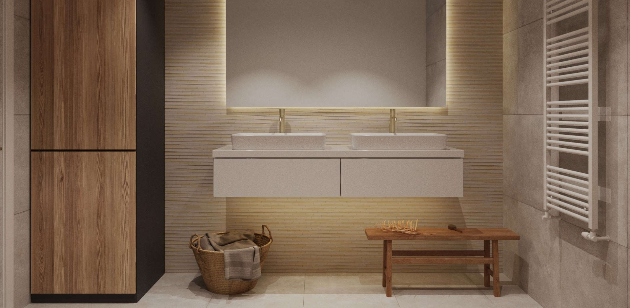 Ausstattungsvariante Badezimmer - Boden-& Wandfliesen in Beige, Hinter Waschtisch & Spiegel in der Farbe Sand, Armaturen in Gold