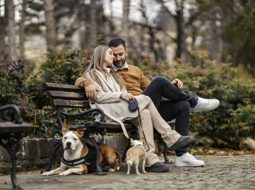 Paar sitzt entspannt auf einer Parkbank, umgeben von Natur, während zwei Hunde neben ihnen liegen.