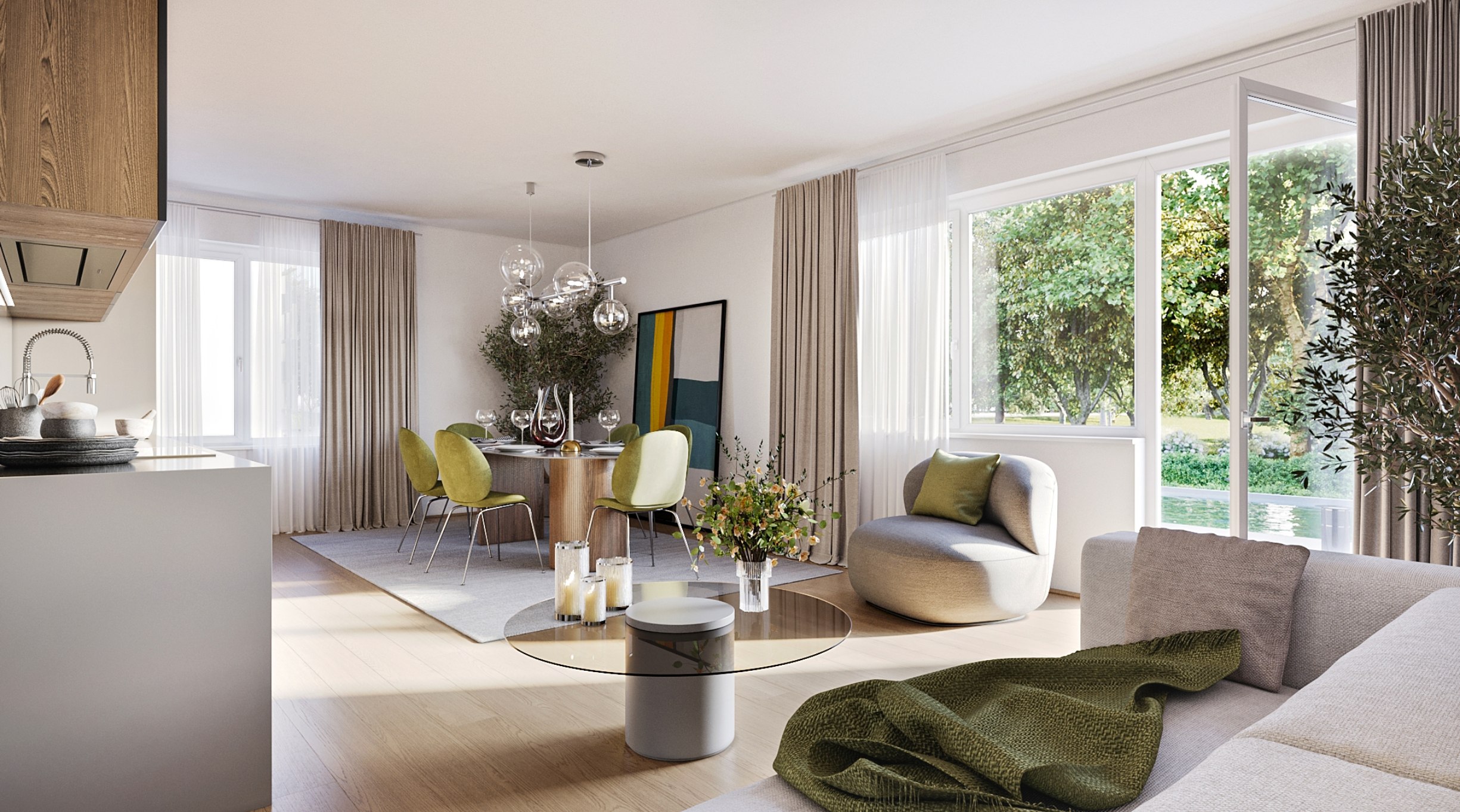 Modernes offenes Wohn- und Esszimmer mit Zugang zum Garten. Stilvolle Möbel in Naturtönen und grüne Akzente schaffen eine gemütliche Atmosphäre.