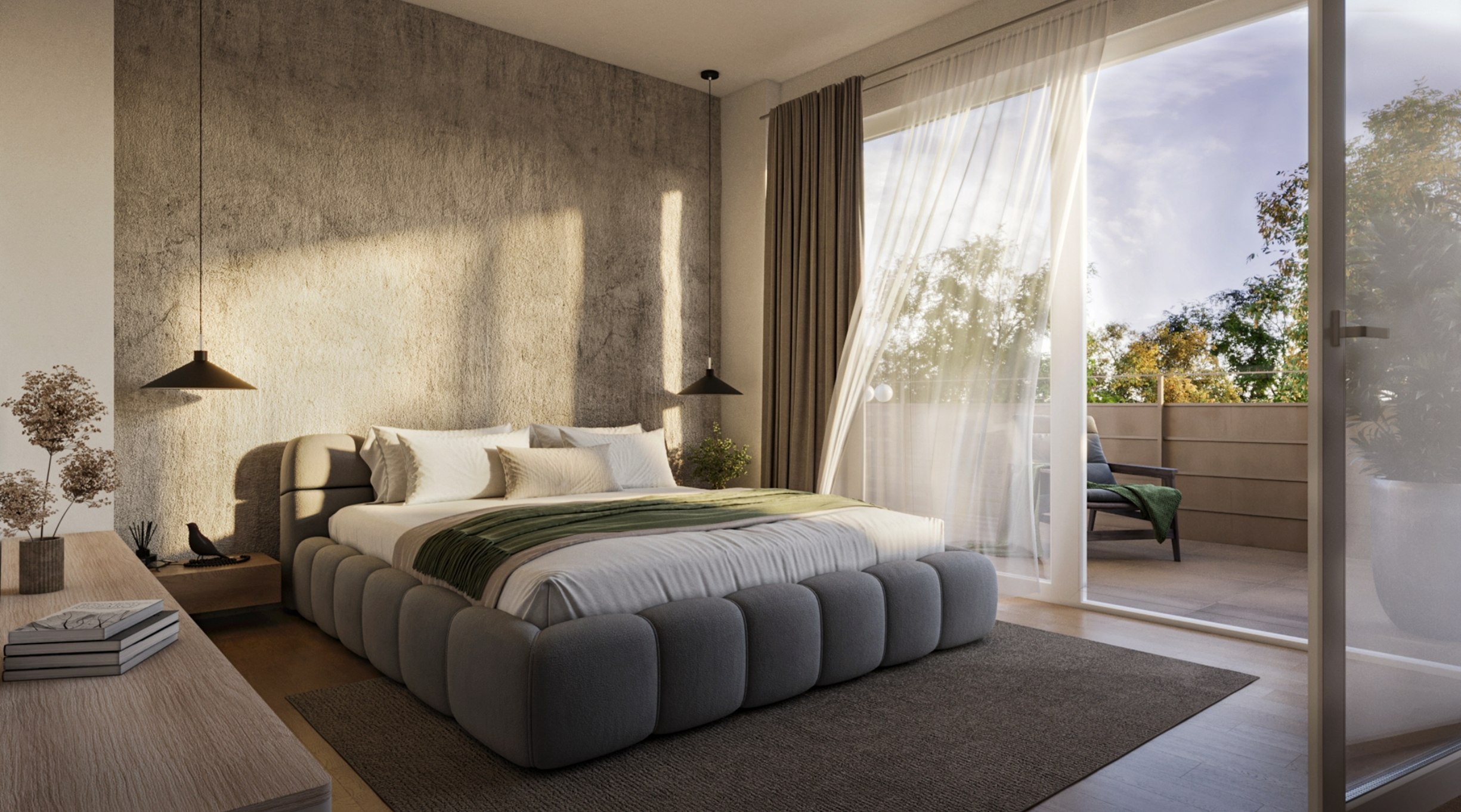 Modernes Schlafzimmer mit bodentiefer Fensterfront, einem stilvollen grauen Bett und direktem Zugang zum Balkon mit Blick ins Grüne.